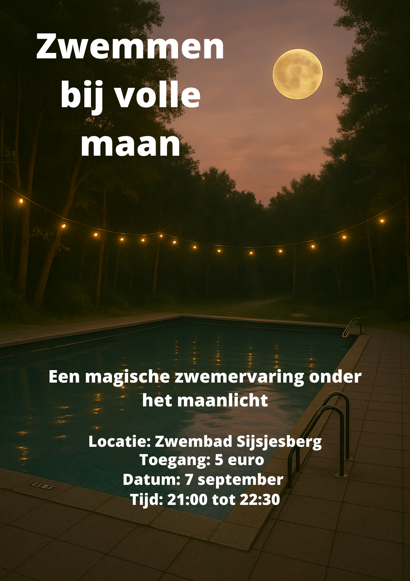 Flyer volle maan zwemmen. Titel: Zwemmen bij volle maan. Tekst: Een magische zwemervaring onder het maanlicht. Locatie: Sijsjesberg. Toegang 5 euro. Datum 7 september. Tijd 2100 tot 2230.