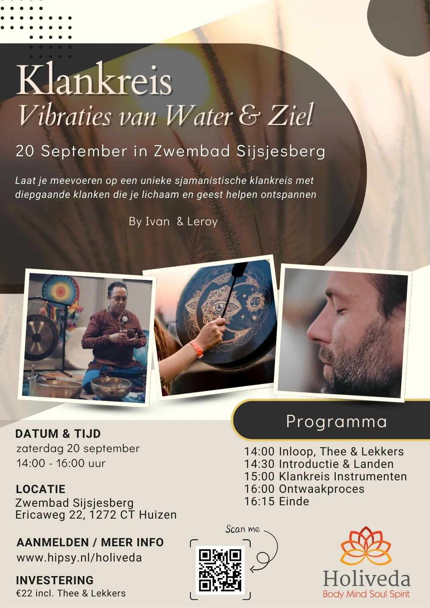 Poster Klankreis met heel veel informatie zoals datum, tijd, locatie, hoe je je aanmeldt, wat het is en programa.