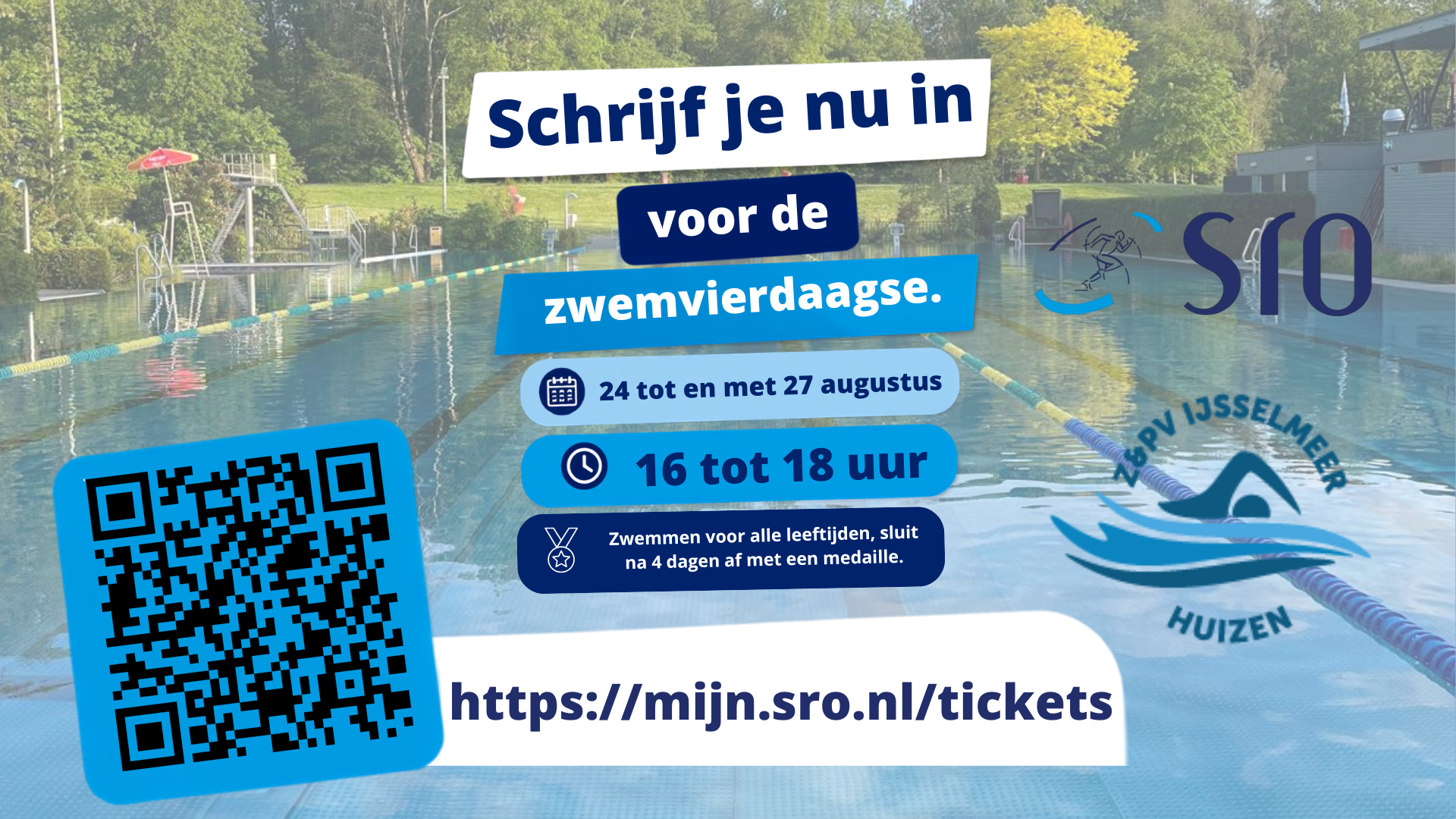 Zwem vierdaagse landscape poster met daarop een qr code en generale informatie