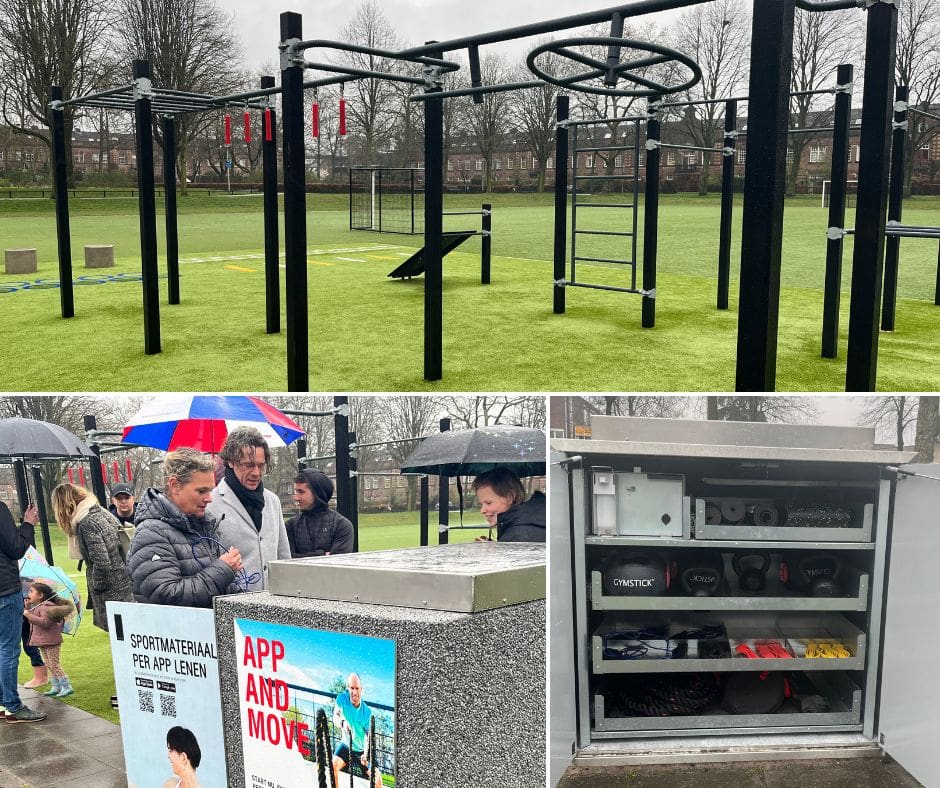 foto's van het calesthenicspark en de wethouder en directeur van SRO die de sportbox bekijken. 